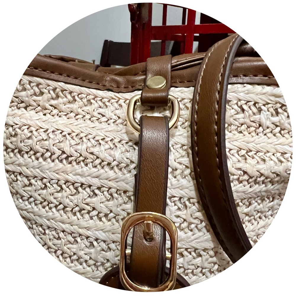 NEW! Bucket Crossbody Bag PU Stitching Woven Straw Shoulder Bag! - Picture 9 of 11